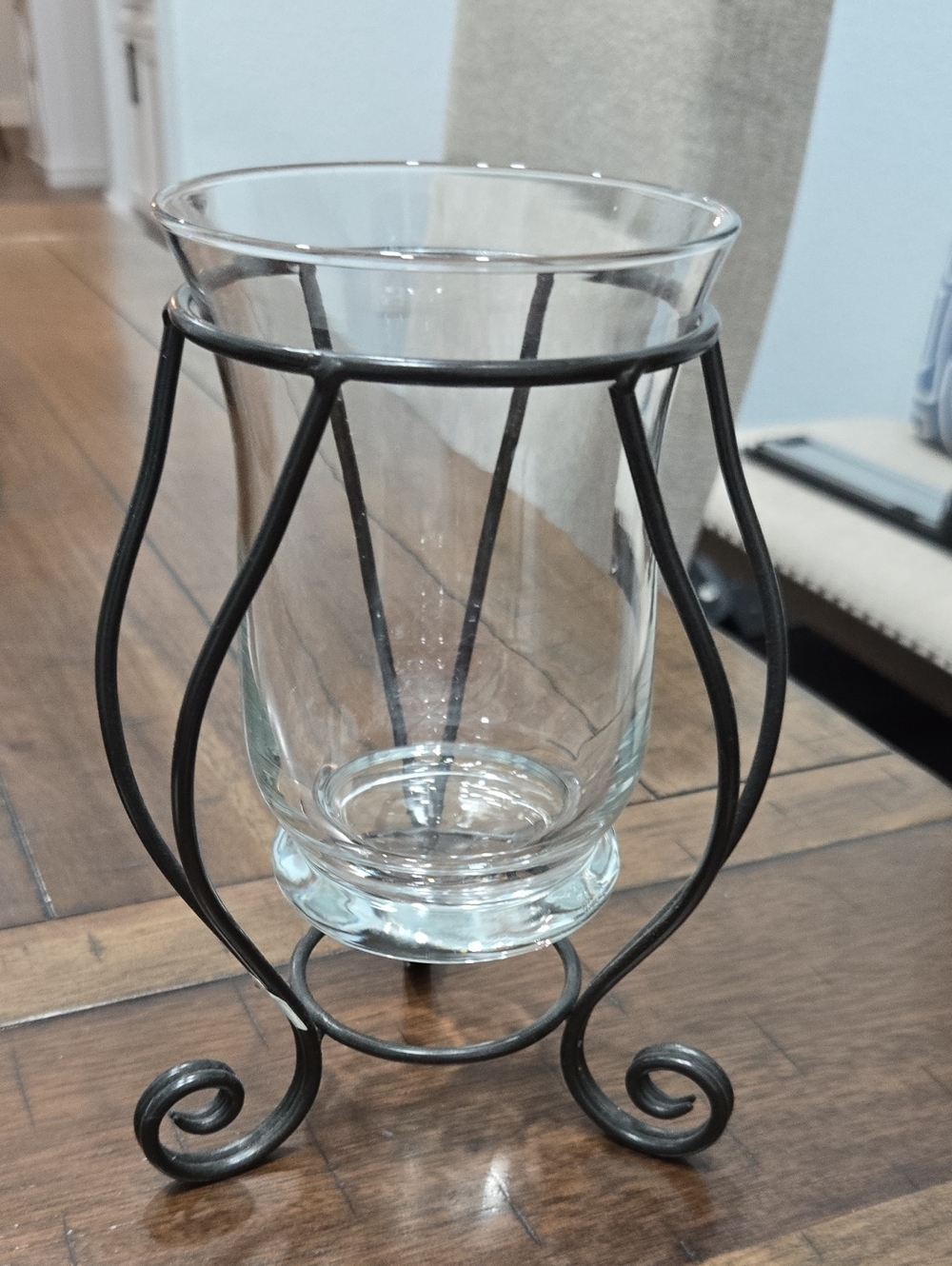 PartyLite Clear Glass Hurricane with Black Metal Curved Stand